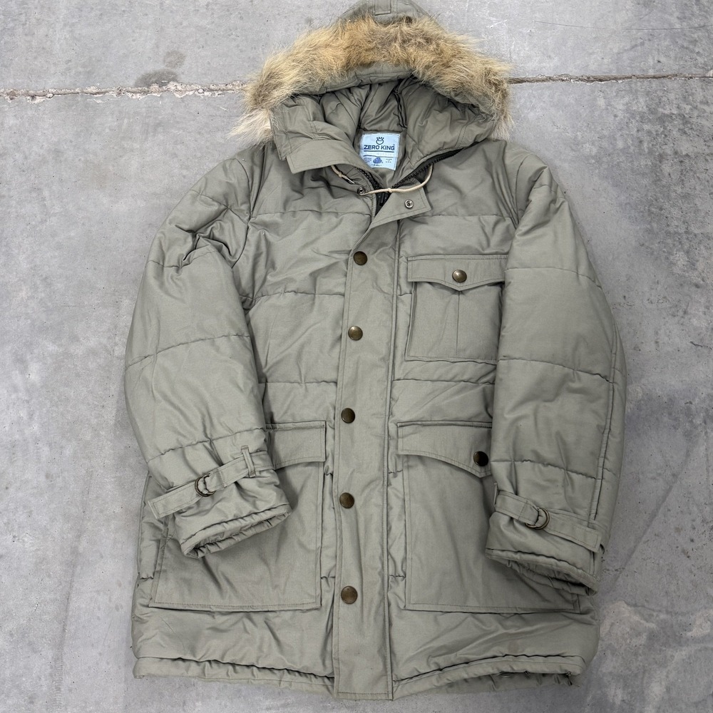 Zero King Arctic Fleece Parka Mens 44L Lambswool filling Faux Fur Hood Vintage